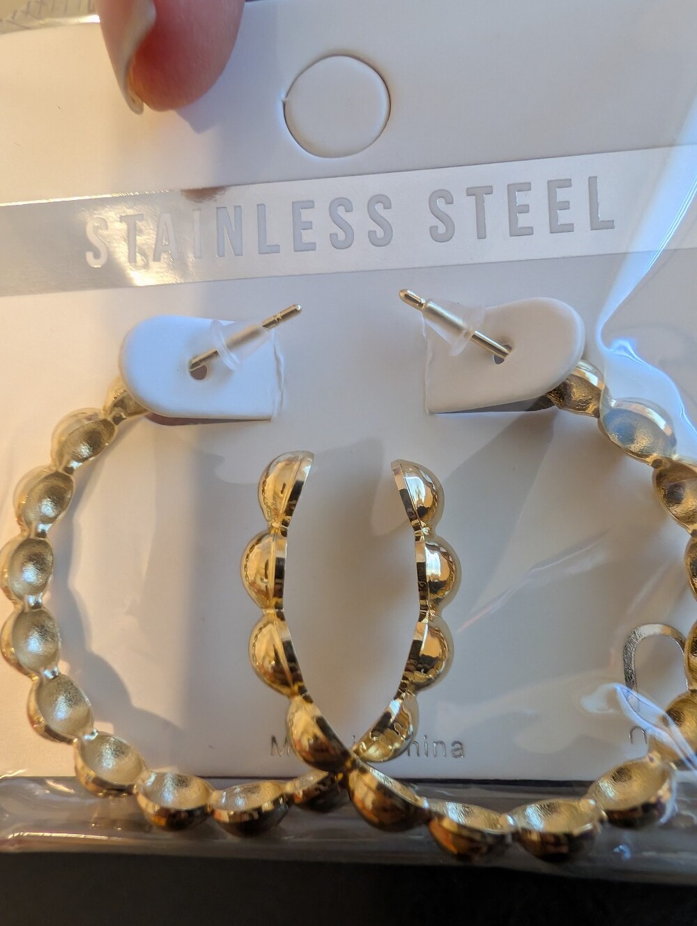 Gold-tone Bead-like Stainless Steel Hoop Earrings - Picture 4 of 4